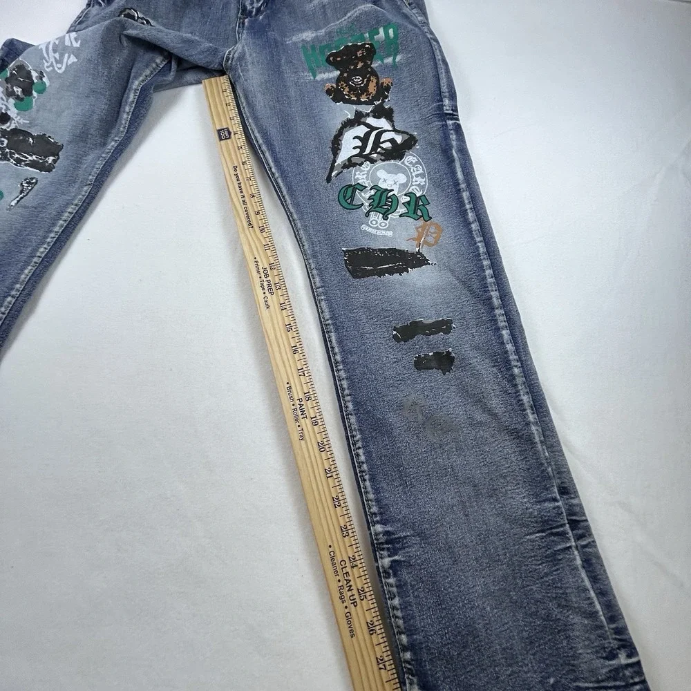 Men's Baggy Graphic Jeans 36 Teddy Bear Graffiti‎ Y2K Streetwear Wide Leg Skater